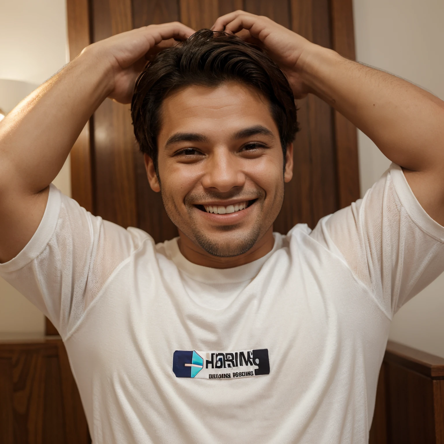 Um homem sorrindo olhar pra cima