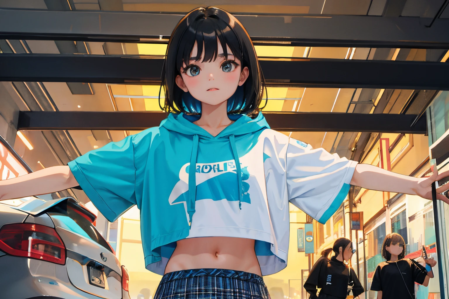 child,(masterpiece,Highest Quality),turquoise short sleeve hoodie,Crop Top Look,Plaid mini skirt,A dark-haired,intersection