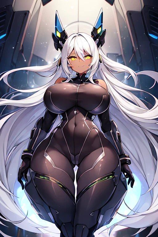 1girl, dark-skinned female, breasts, large breasts, wide hips, white hair, silver hair, grey hair, long hair, yellow eyes, smile, smirk, smug, pervert, bodysuit, black bodysuit, futuristic, tech, science-fiction, neon, neon trim, pantyhose, black pantyhose, full body, ((full body)),