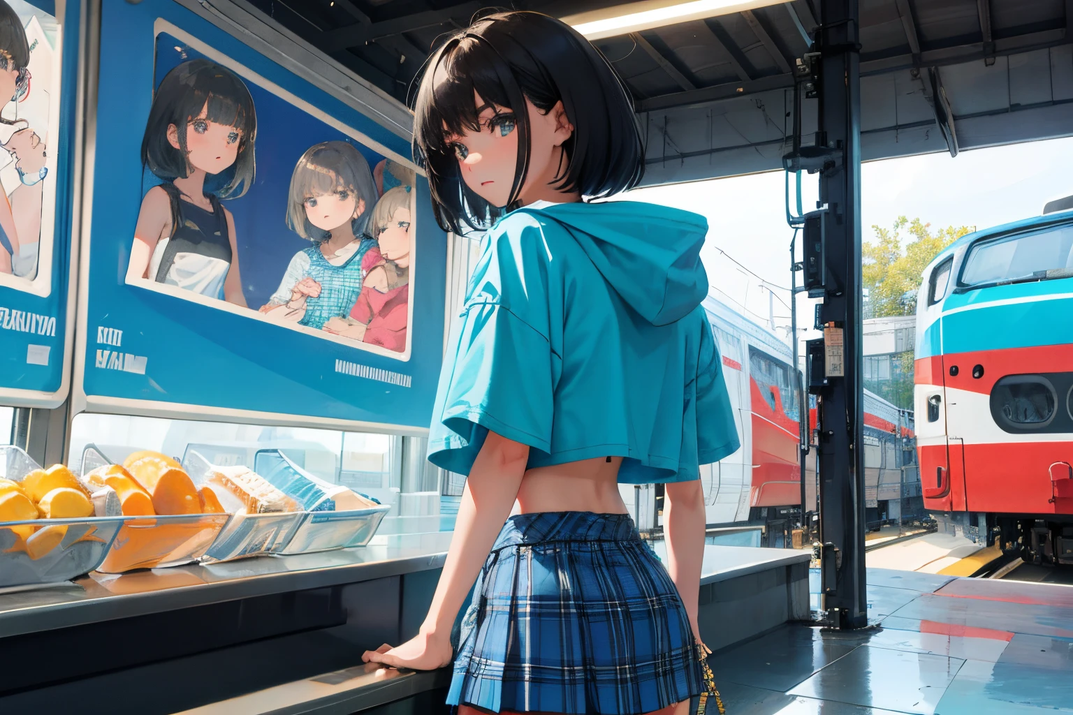 child，（​masterpiece，Highest Quality），turquoise short sleeve hoodie，Crop Top Look，Plaid mini skirt，A dark-haired，train