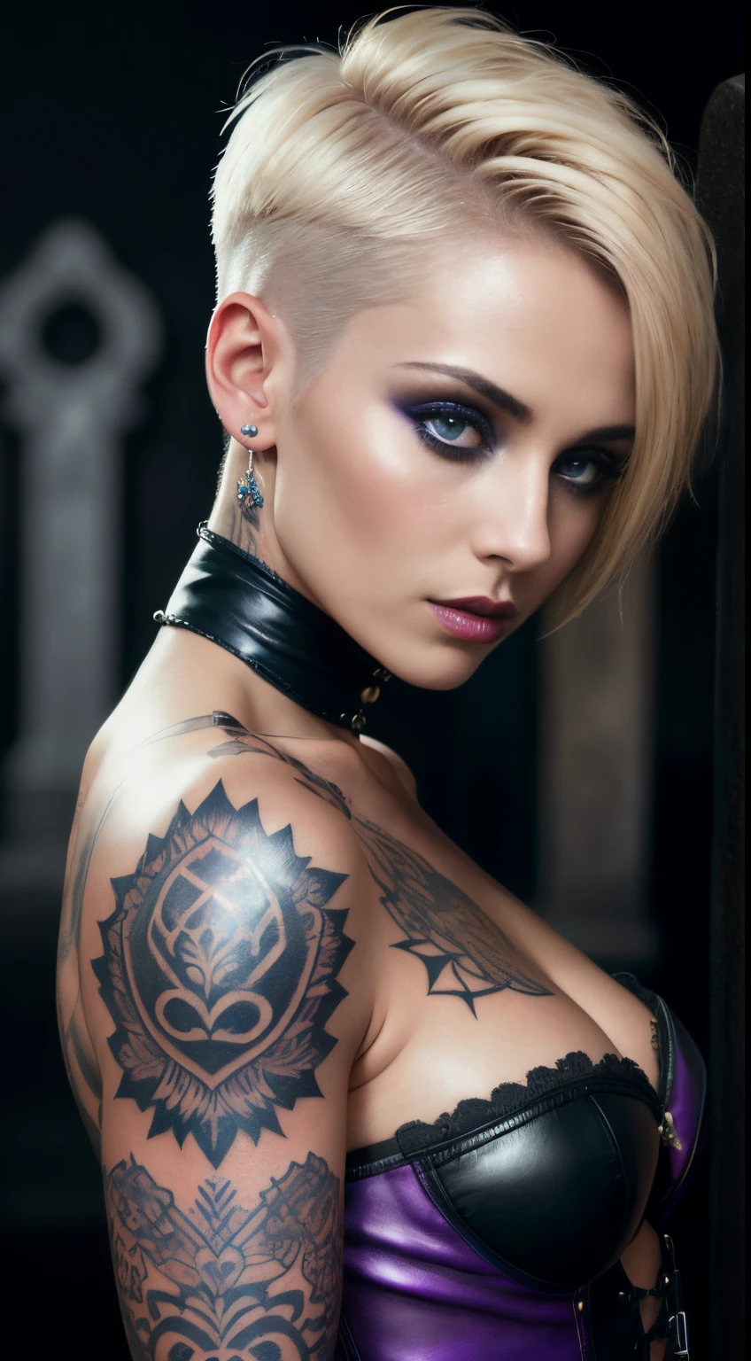 beautiful tattooed gothic girl, blonde, short hair sides shaved, in purple leather outfit, (in a British victorian age cemetery:1.2), tattooed, black makeup ,((slim, petite)), photorealistic, photo, masterpiece, realistic, realism, photorealism, high contrast, photorealistic digital art trending on Artstation 8k HD high definition detailed realistic, detailed, skin texture, hyper detailed, realistic skin texture, armature, best quality, ultra high res, (photorealistic:1.4),, high resolution, detailed, raw photo, sharp re, by lee jeffries nikon d850 film stock photograph 4 kodak portra 400 camera f1.6 lens rich colors hyper realistic lifelike texture dramatic lighting unrealengine trending on artstation cinestill 800,
