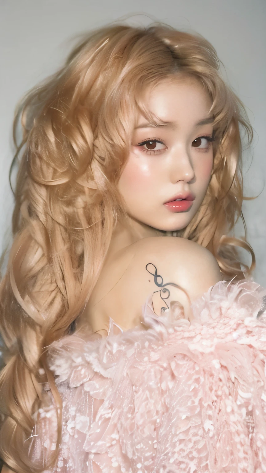 hay una mujer con un tatuaje en la espalda y un abrigo rosa esponjoso, Portrait of the Japanese gyaru, Dulce conejita ultrarrealista, muy, muy surrealista, Steven Meisel, muy espeluznante, Retrato de Kim Petras, plastic doll, muy, muy espeluznante, Obra maestra de Guweiz, Al estilo de Petra Collins, Portrait of the Barbie doll, hermosa poarch