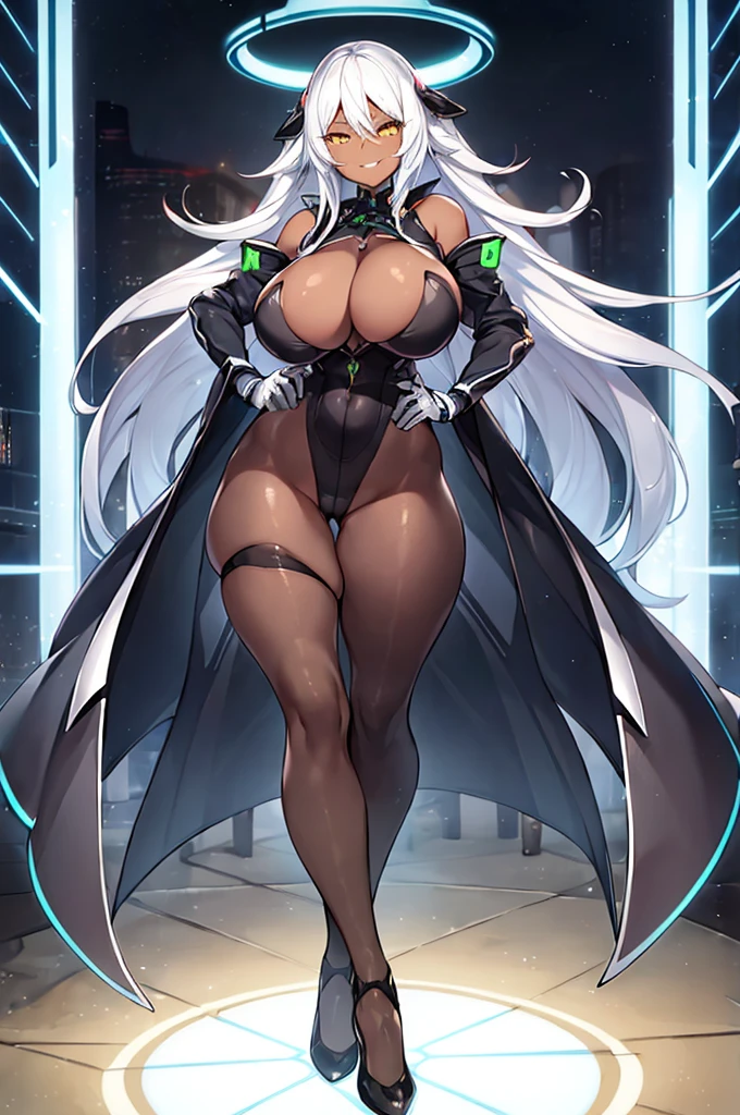 1girl, dark-skinned female, breasts, large breasts, wide hips, white hair, silver hair, grey hair, long hair, yellow eyes, smile, smirk, smug, pervert, bodysuit, black bodysuit, futuristic, tech, science-fiction, neon, neon trim, pantyhose, black pantyhose, full body, ((full body)),