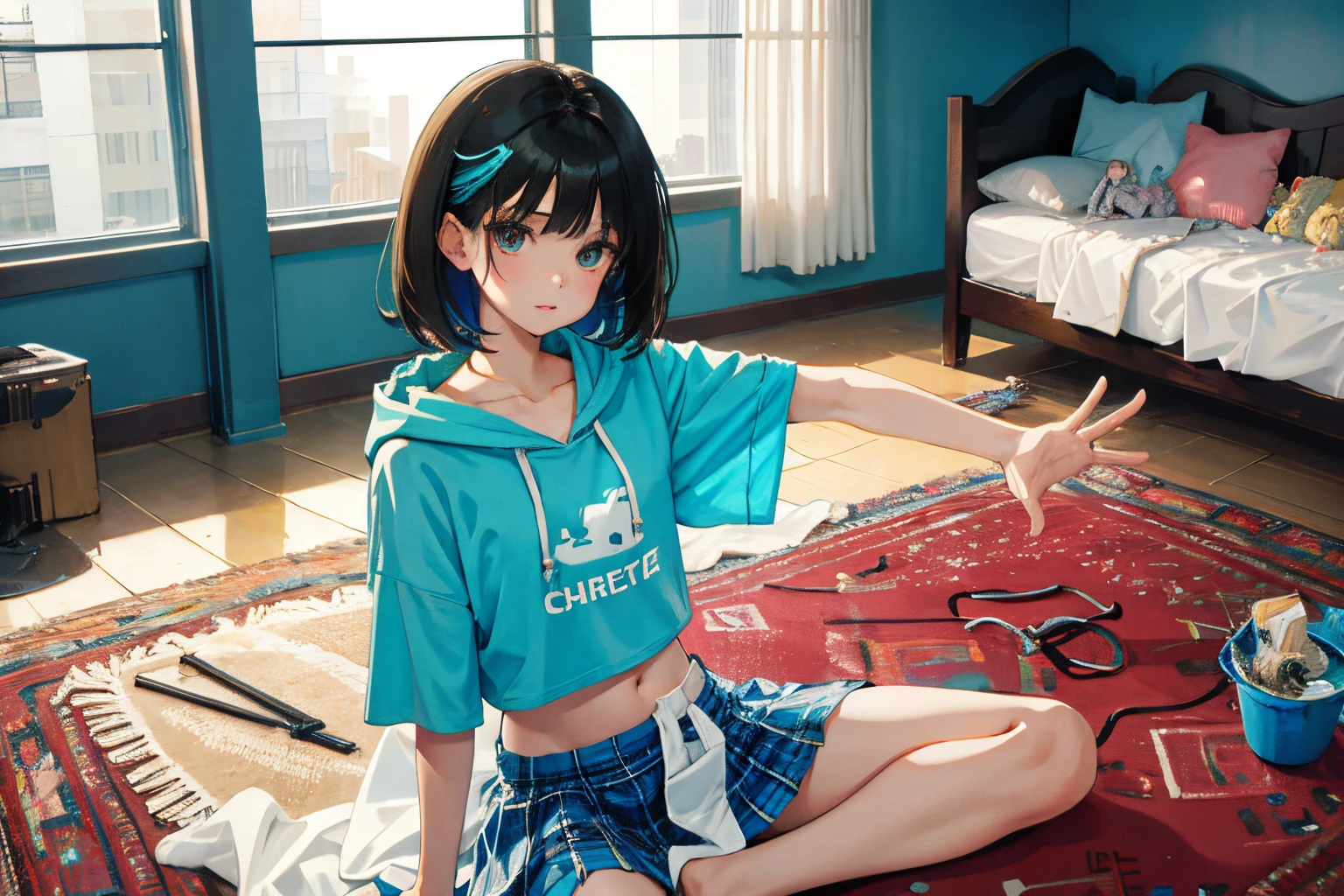,(masterpiece,Highest Quality),turquoise short sleeve hoodie,Crop Top Look,Plaid mini skirt,A dark-haired,carpet