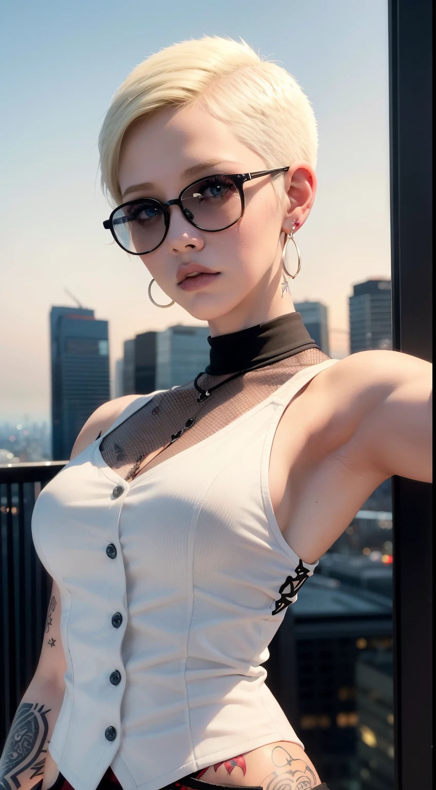 Girl, Riley Nixon haircut, shaved hair, Blonde hairstyle, Very short hair, Bald,, White vest shirt, Red Moon tattoo, Tattoo on the right arm, Wearing glasses, Blonde hairstyle, Riley Nixon haircut, Lipstick Black, Piercings in the face, On a skyscraper, looking at viewert, Storm City, 4K