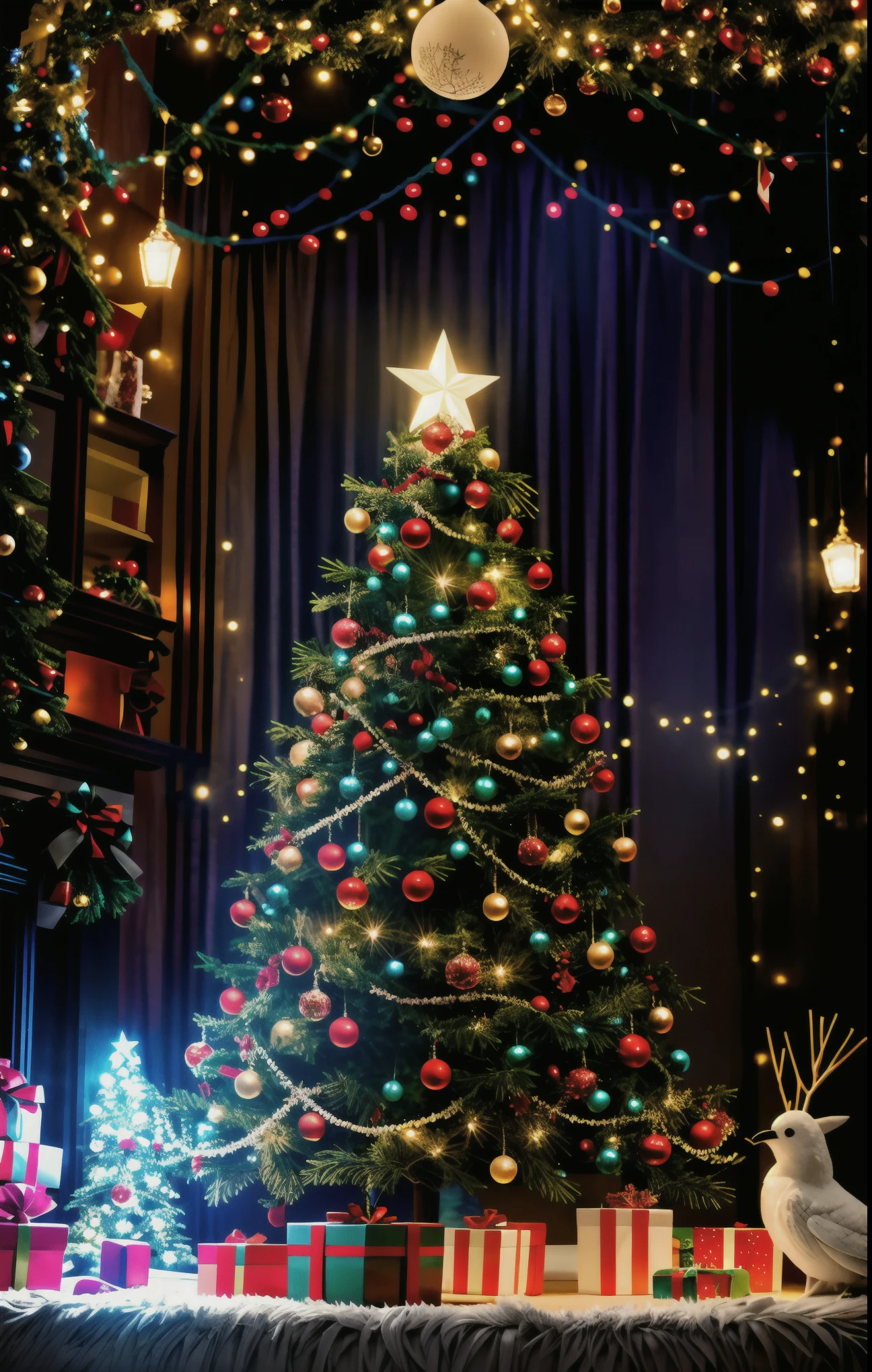 (best quality,4k,8k,highres,masterpiece:1.2),ultra-detailed,realistic,gifts,table,Christmas tree,decorations,wrapping ,bows,ribbon,presents,holiday spirit,vibrant colors,warm lighting,cozy atmosphere,toys,cards,candles,snowflakes,joyful,celebration,exquisite details,exciting surprises,shiny ornaments,sparkling tinsel,beautifully wrapped,excited children,anticipation,festive mood,magical ambiance,delightful moment,wonderful memories,family gathering,cheerful faces,Christmas magic,extravagant,abundance of presents,HDR,UHD,studio lighting,ultra-fine painting,sharp focus,physically-based rendering,professional,vivid colors,bokeh.