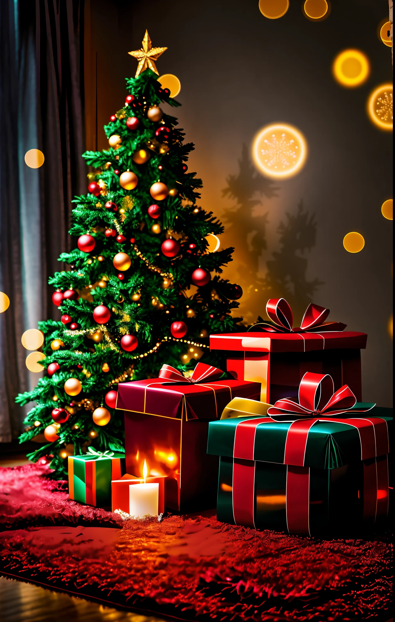 (best quality,4k,8k,highres,masterpiece:1.2),ultra-detailed,realistic,gifts,table,Christmas tree,decorations,wrapping ,bows,ribbon,presents,holiday spirit,vibrant colors,warm lighting,cozy atmosphere,toys,cards,candles,snowflakes,joyful,celebration,exquisite details,exciting surprises,shiny ornaments,sparkling tinsel,beautifully wrapped,excited children,anticipation,festive mood,magical ambiance,delightful moment,wonderful memories,family gathering,cheerful faces,Christmas magic,extravagant,abundance of presents,HDR,UHD,studio lighting,ultra-fine painting,sharp focus,physically-based rendering,professional,vivid colors,bokeh.