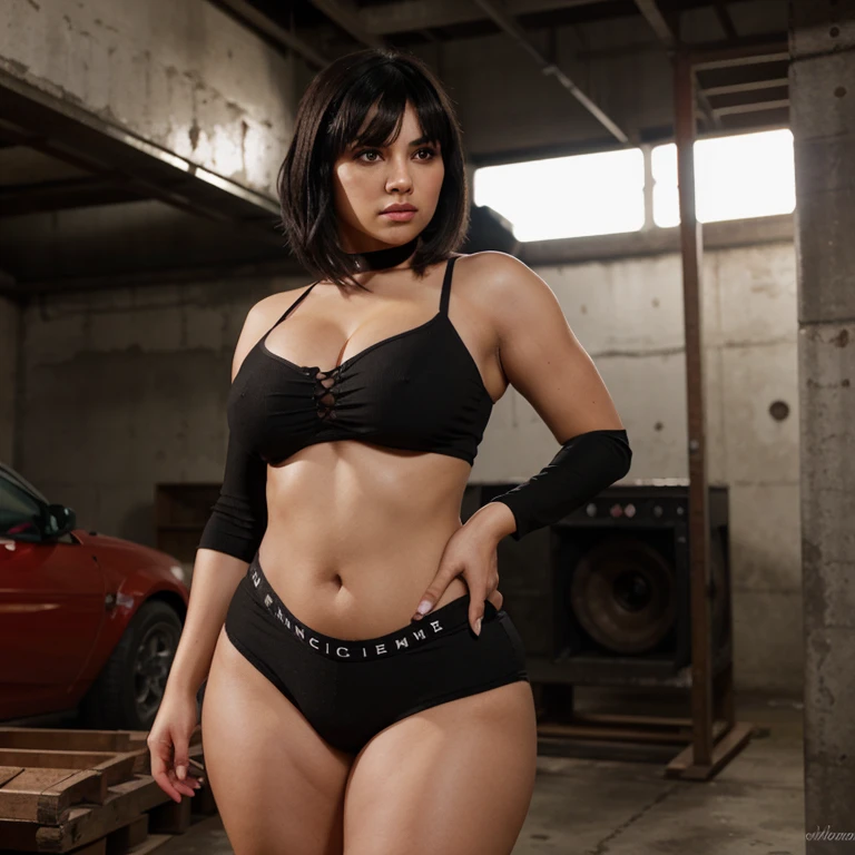 Create a game character of a curvy Hispanic women that looks mean, has short black hair and bangs, and has red eyes.