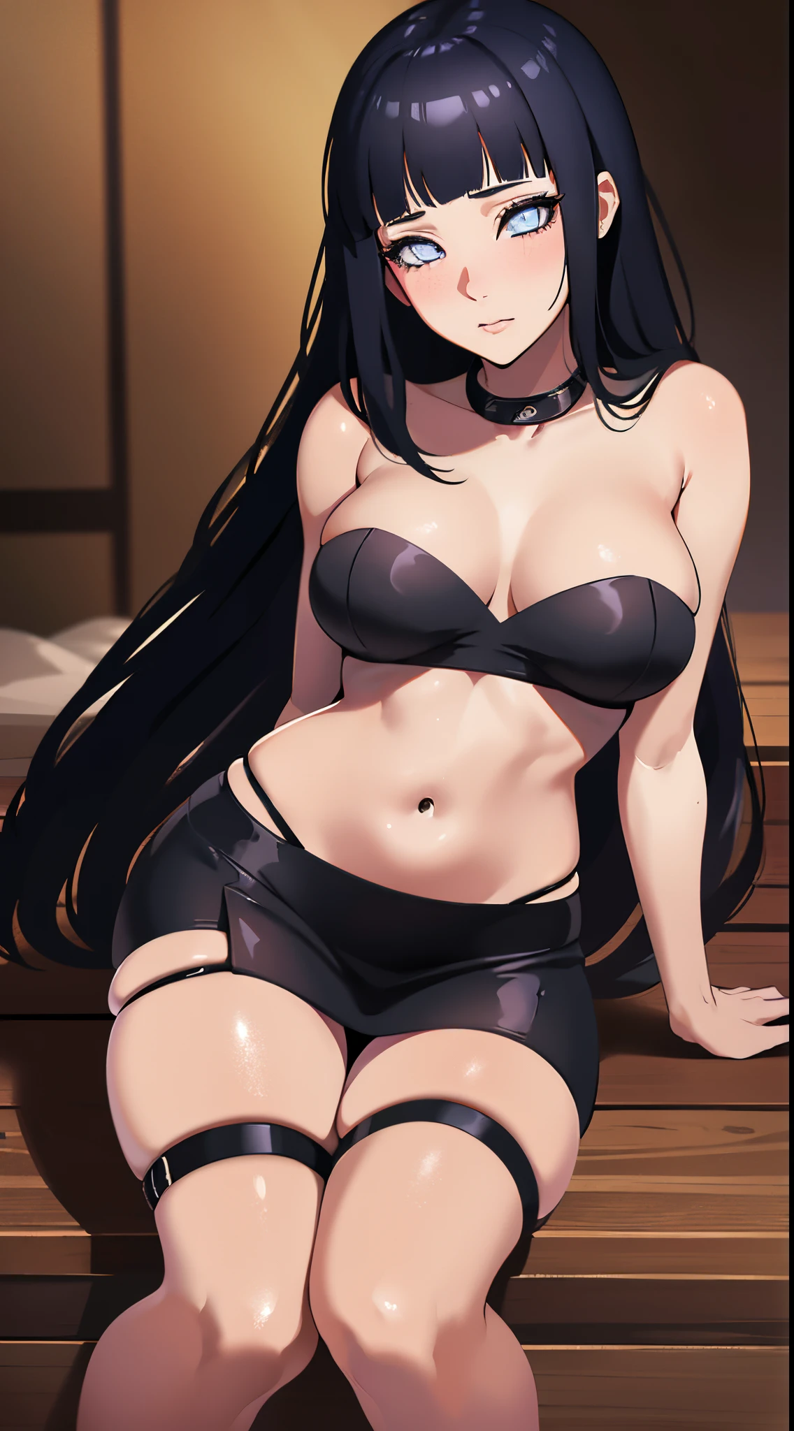 (best quality,4k,highres,masterpiece:1.2),ultra-detailed,photorealistic: 1.37, portraits,anime,hinata hyuga,naruto,(slim figure:1.1, full height:1.1),(straight-line face:1.1, oval-shaped face:1.1,elongated face:1.1),beautiful detailed eyes,great bust,long model-like legs,mini skirt,short black top