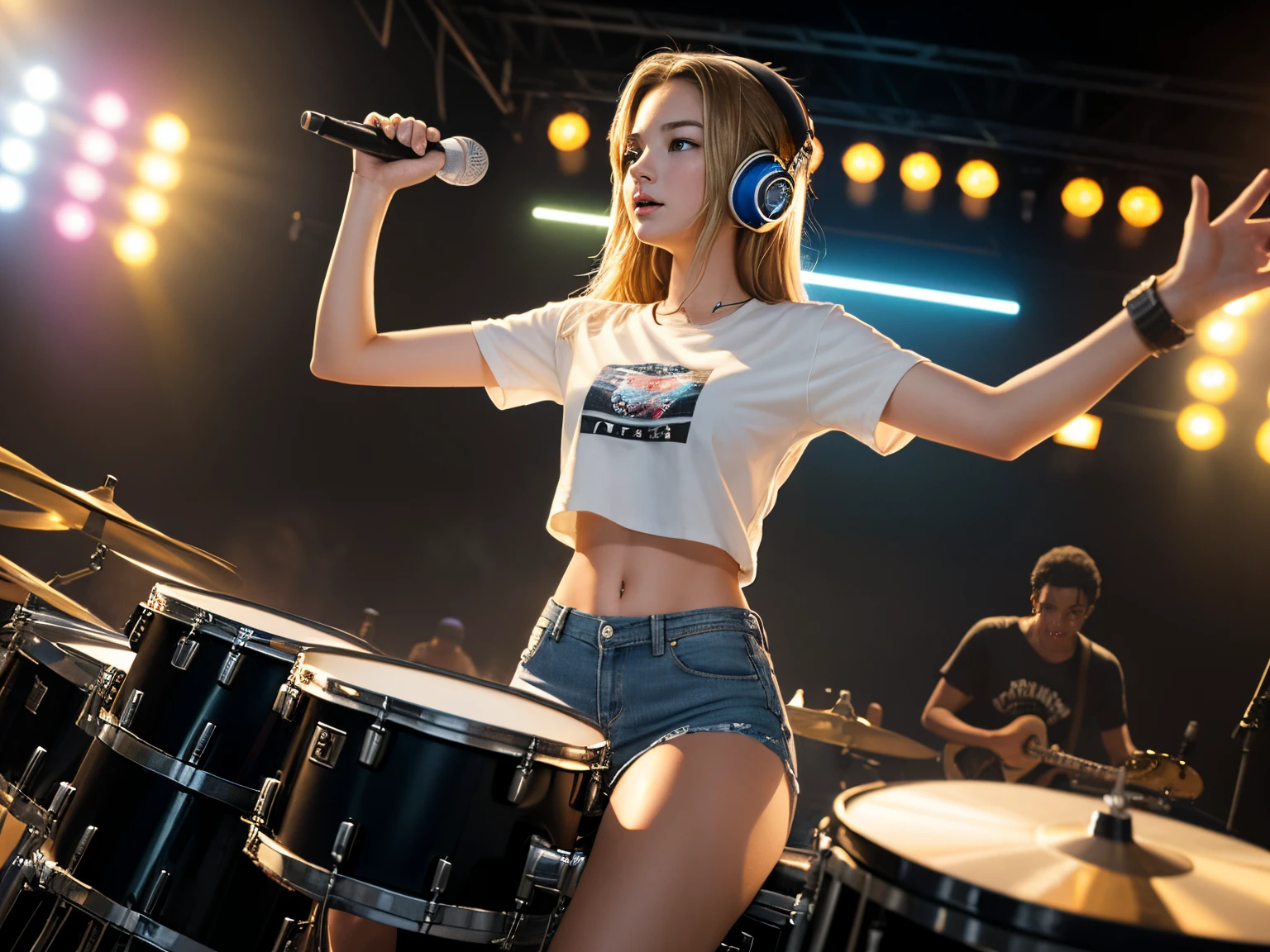 top quality 32k raw photo of 18-year-old Emily VanCamp wearing white T shirt and jeans skirt and headphone. navel look. she is on the disco stage playing drums. colorful lights,