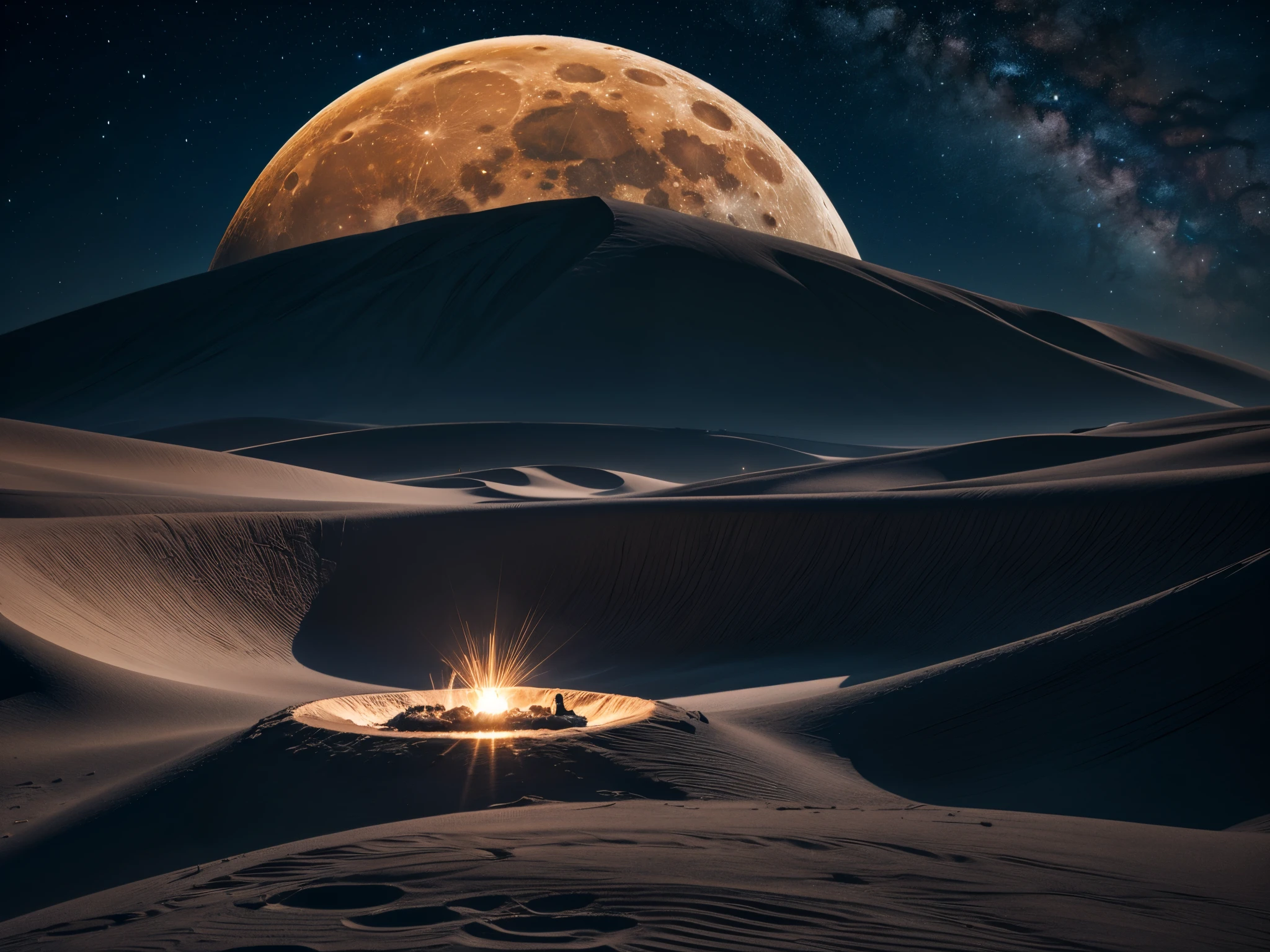 Picture a garden on the moon where 3D roses bloom under the soft lunar glow, with Cupid's arrows creating heart-shaped craters and fractal moonbeams illuminating the scene.