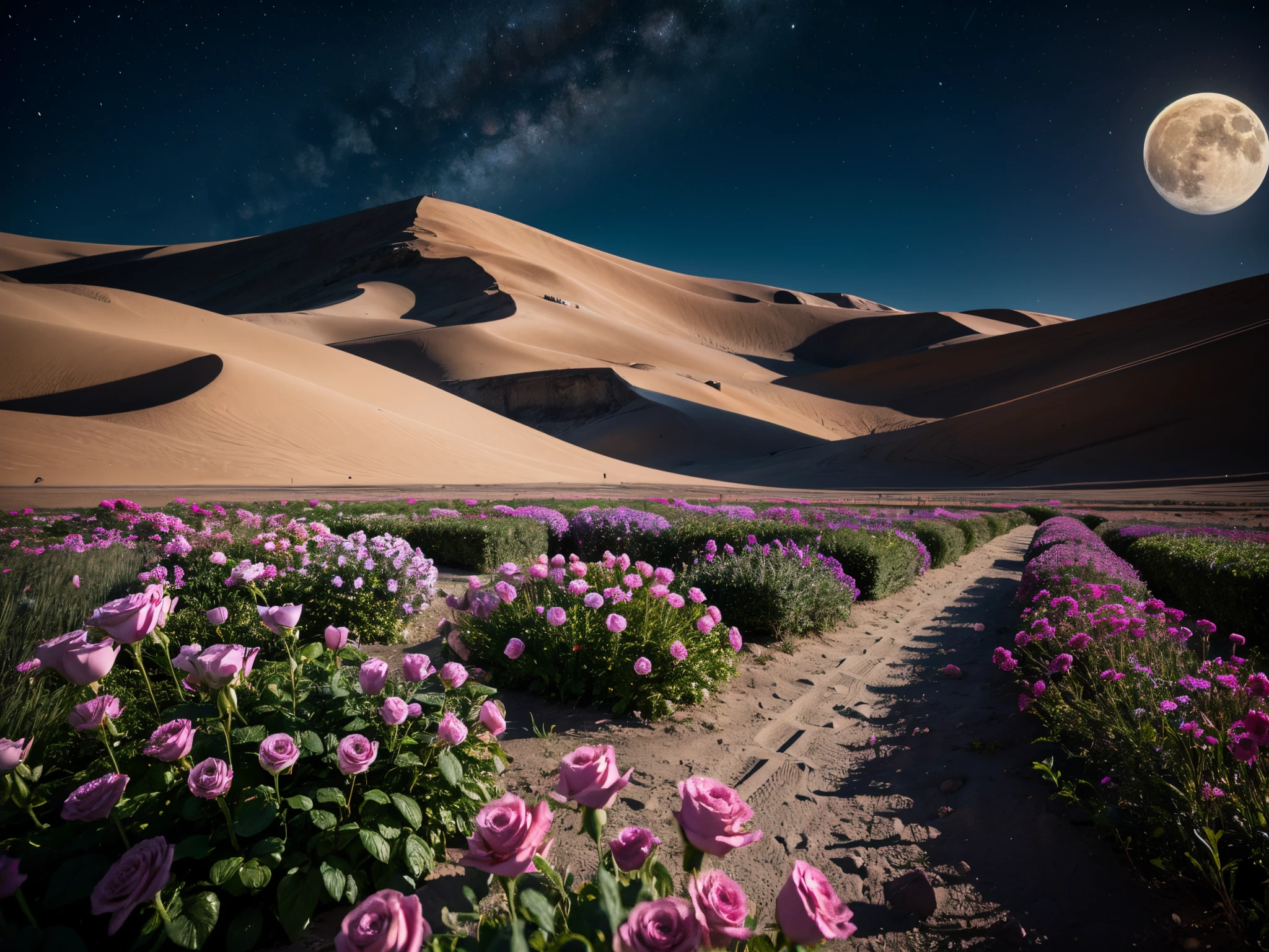 Picture a garden on the moon where 3D roses bloom under the soft lunar glow, with Cupid's arrows creating heart-shaped craters and fractal moonbeams illuminating the scene.