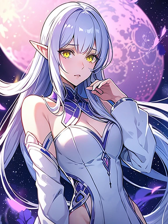Sci-fi princess, elvish ears, dark purple antennas, yellow eyes, futuristic, sci-fi white dress, purple skin color, beautiful, petite, ,white hair, facial markings under eyes, anime style,