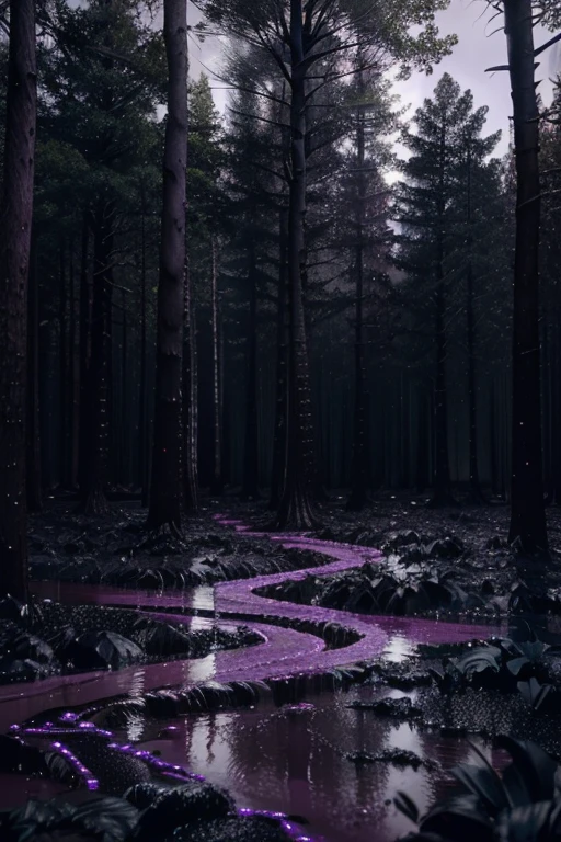 3D Dark purple dense forest, dark purple-black clay on the ground, iodine, dark rocks, rain, night, depth, puddles of water, gooey alien tree, alien plants, jagged floor, strange alien leaves, uneven terrain, various sizes hexagonal black stones, dark night, dark purple vapour, night, nocturnal