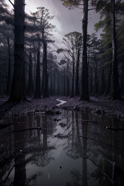 3D Dark purple dense forest, dark purple-black clay on the ground, iodine, dark rocks, rain, night, depth, puddles of water, gooey alien tree, alien plants, jagged floor, strange alien leaves, uneven terrain, various sizes hexagonal black stones, dark night, dark purple vapour, night, nocturnal