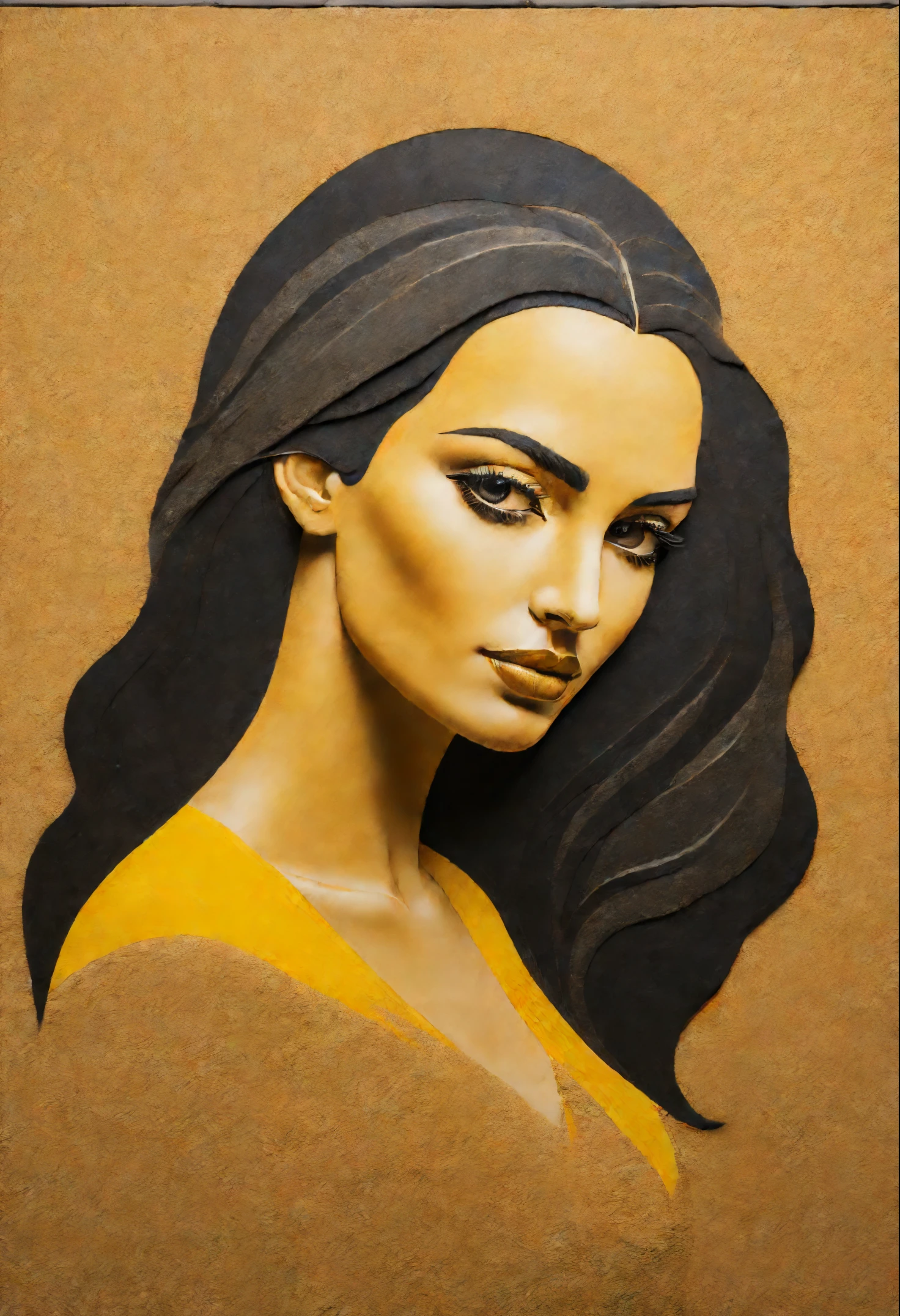 A painting depicting a stylized portrait of a woman is painted on dark marble with sand, sand painting, sand art, dark marble and yellow sand