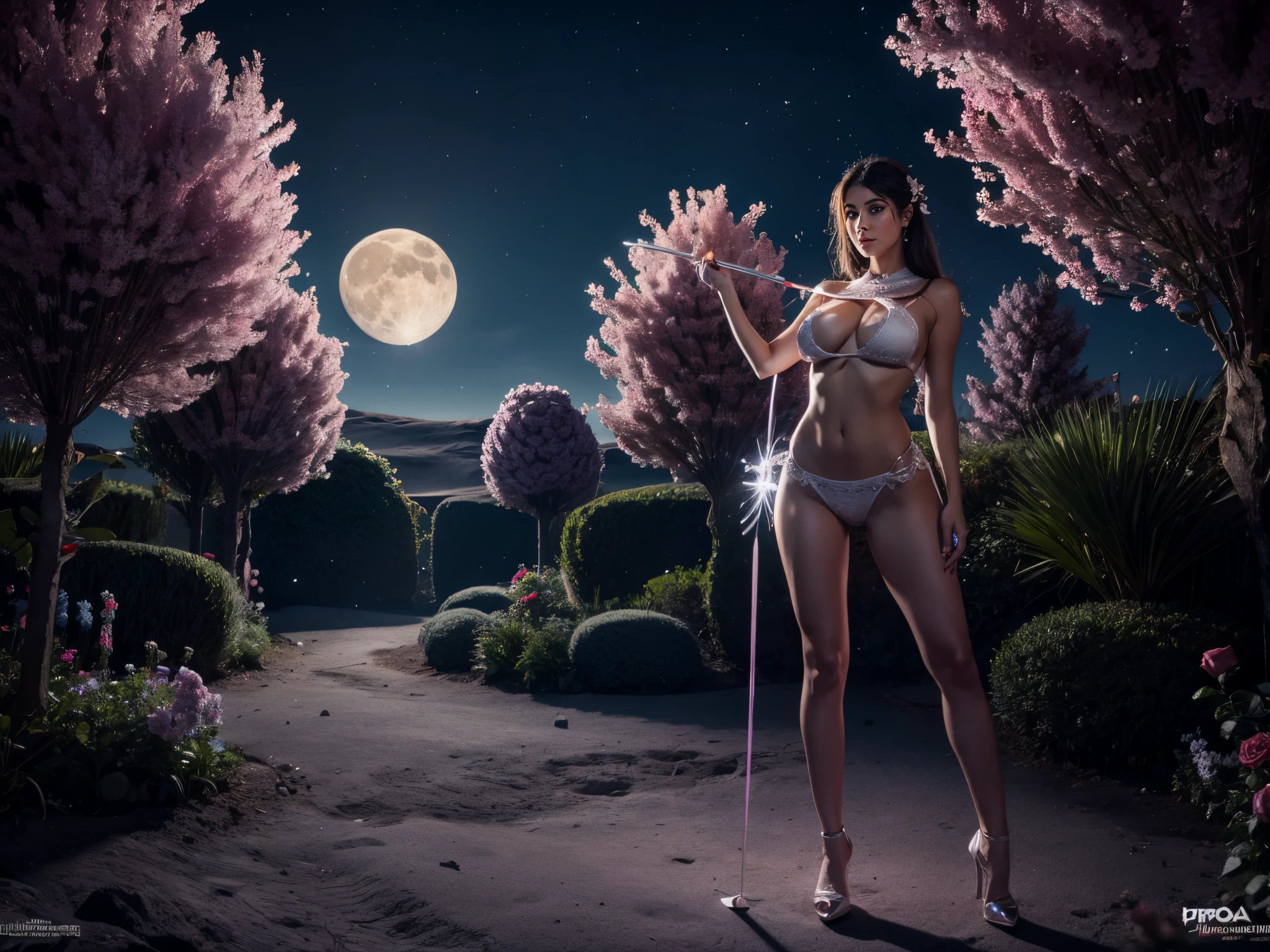 Picture a garden on the moon where 3D roses bloom under the soft lunar glow, with Cupid's arrows creating heart-shaped craters and fractal moonbeams illuminating the scene. enormous tits, (full body:1.5)