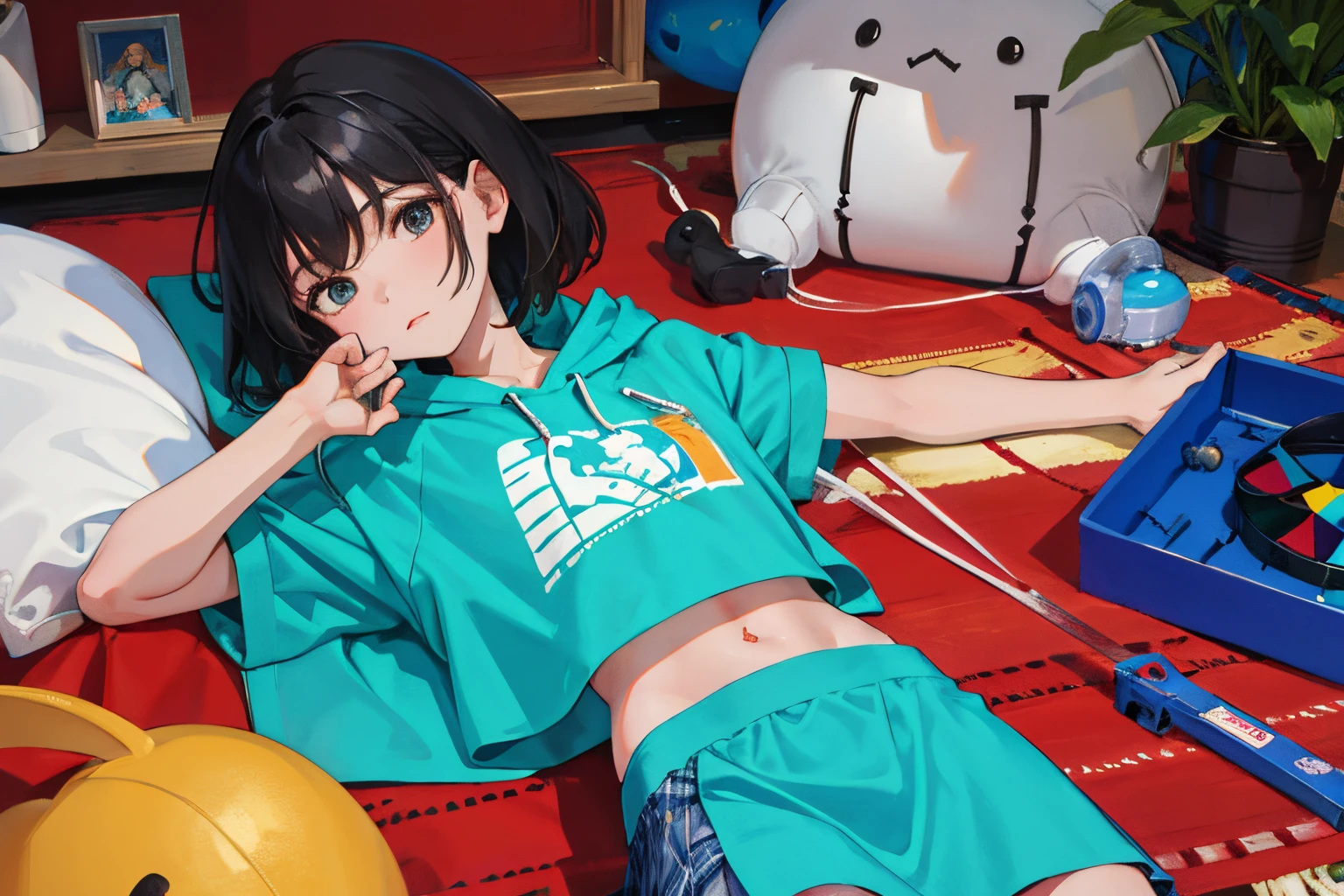 ，（​masterpiece，Highest Quality），turquoise short sleeve hoodie，Crop Top Look，Plaid mini skirt，A dark-haired，carpet，World of toys