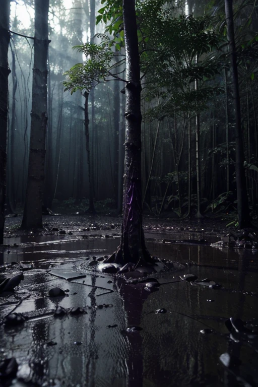 3D Dark purple dense jungle forest, dark purple-black clay on the ground, iodine, dark rocks, rain, night, depth, puddles of water, gooey alien tree, alien plants, jagged floor, strange alien leaves, uneven terrain, hexagonal black stones, hexagonal rocks, dark night, dark, night, nocturnal