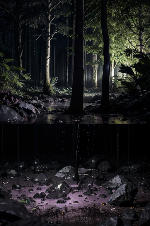 3D Dark purple dense jungle forest, dark purple-black clay on the ground, iodine, dark rocks, rain, night, depth, puddles of water, gooey alien tree, alien plants, jagged floor, strange alien leaves, uneven terrain, hexagonal black stones, hexagonal rocks, dark night, dark, night, nocturnal