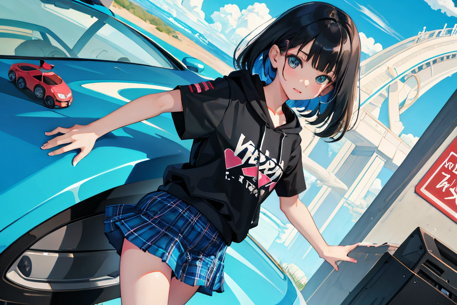 child,(masterpiece,Highest Quality),turquoise short sleeve hoodie,Plaid mini skirt,A dark-haired,World of toys