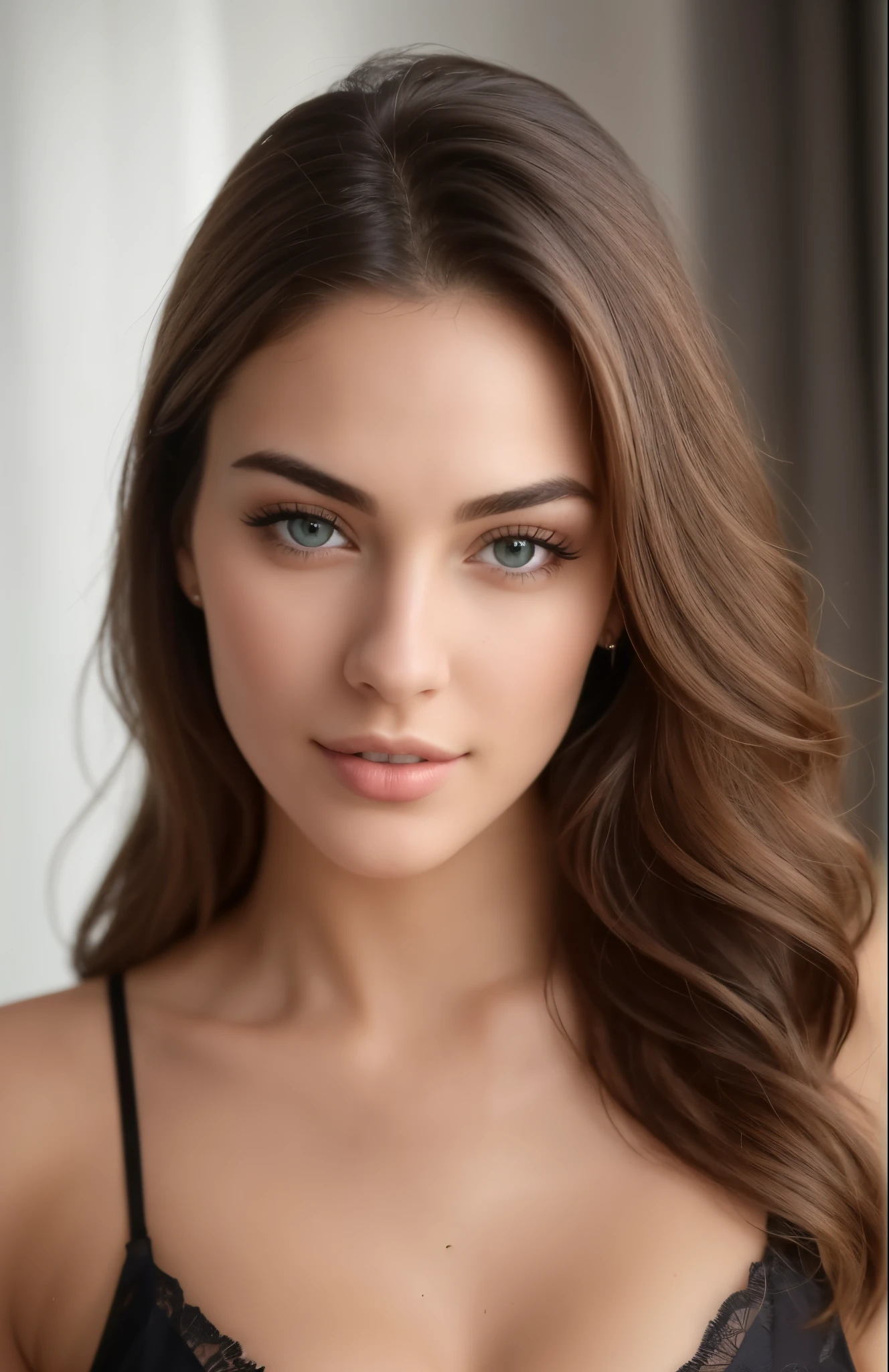 a close up of a woman in a black bra top, photo of a beautiful woman, beautiful face and flawless skin, gorgeous attractive face, soft portrait shot 8 k, portrait of a beautiful model, beautiful female model, attractive female face, beautiful young woman, attractive beautiful face, attractive brown hair woman, girl with brown hair, beautiful face woman, extremely beautiful face, best quality, detailed, details of face are clear, real girl with defined and structured chin bones, dark green eyes, skin like human not too smooth