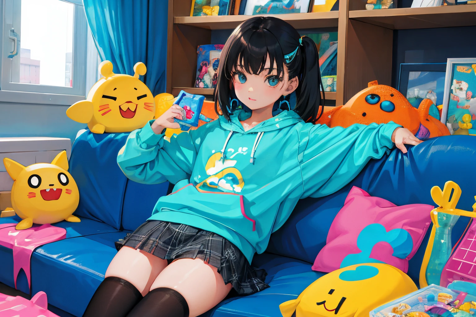 ,(masterpiece,Highest Quality),turquoise short sleeve hoodie,Plaid mini skirt,A dark-haired,World of toys