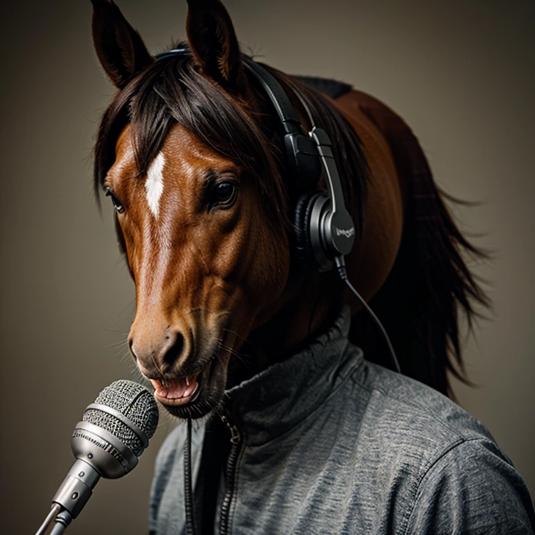 Horse With headphones singing into a microphone