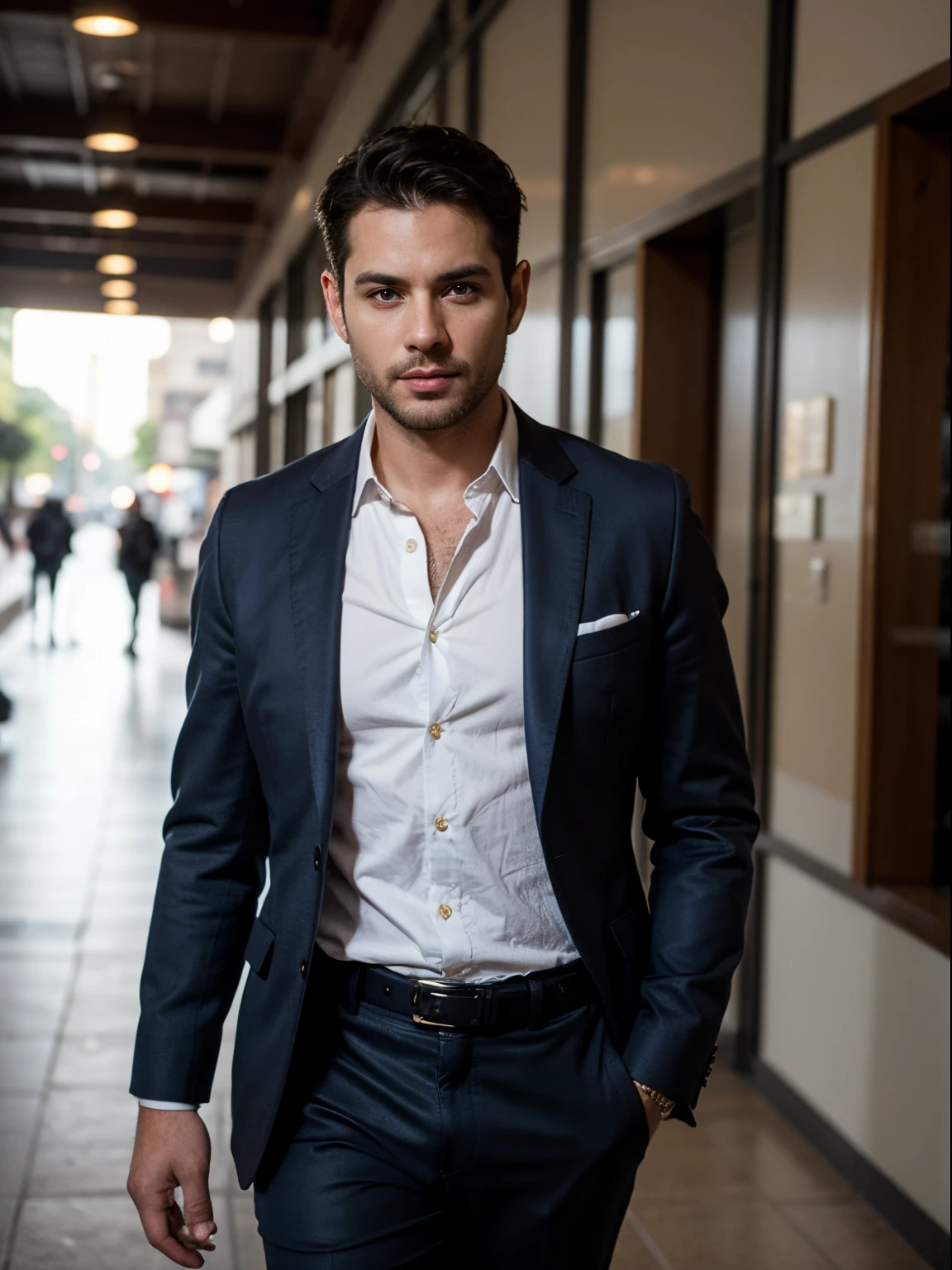 one male 36 years old, in business suit, dark blue jacket, white shirt with unbuttoned collar, dark blue pants, brown leather belt, black hair, short business hairstyle, brown eyes, thick black eyebrows, hooked nose, wide cheekbones, wide jaw, strong-willed chin, plump lips,: :2 Bokeh:: Cinematic::2 Filmic::2 Photoshoot::2 35mm:: Nikon D750::2 F/22, chroma, complementary colors, light, low contrast, two-dimensional, 2D::: 16k::2 HDR, happy:::strong::2, best quality, high resolution, masterpiece:1. 2, super detailed