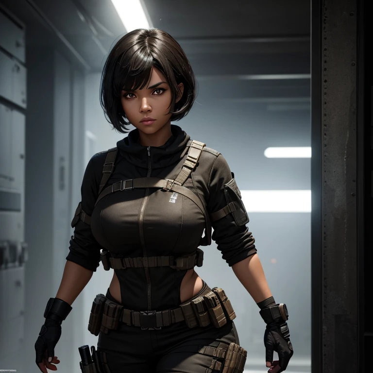Create a call of duty character of a curvy light brown skin women that looks mean, has short black hair and bangs, and has red eyes.