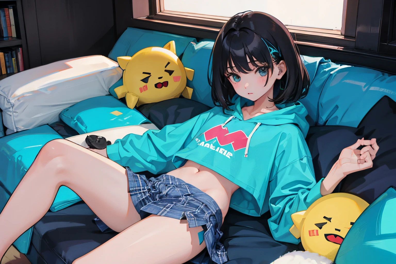 child,(masterpiece,Highest Quality),turquoise short sleeve hoodie,Crop Top Look,Plaid mini skirt,A dark-haired,World of toys
