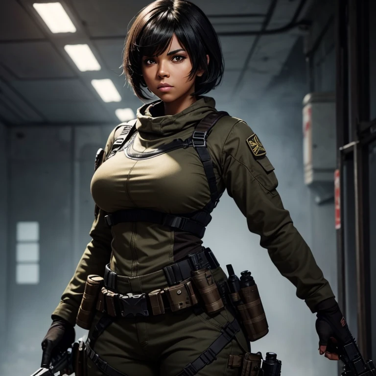 Create a call of duty character of a curvy light brown skin women that looks mean, has short black hair and bangs, and has red eyes.