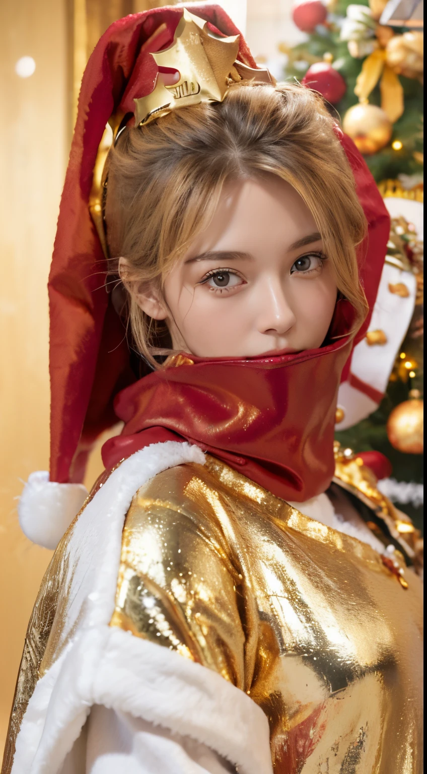 (Beautiful Finnish woman), ((gold and red santa claus costume: 1.2)), Christmas tree, surrealism, Super Detail, nffsw, masutepiece, acurate, Anatomically correct, Textured skin, super detailed, high detailing, of the highest quality, 8K, Photorealistic,