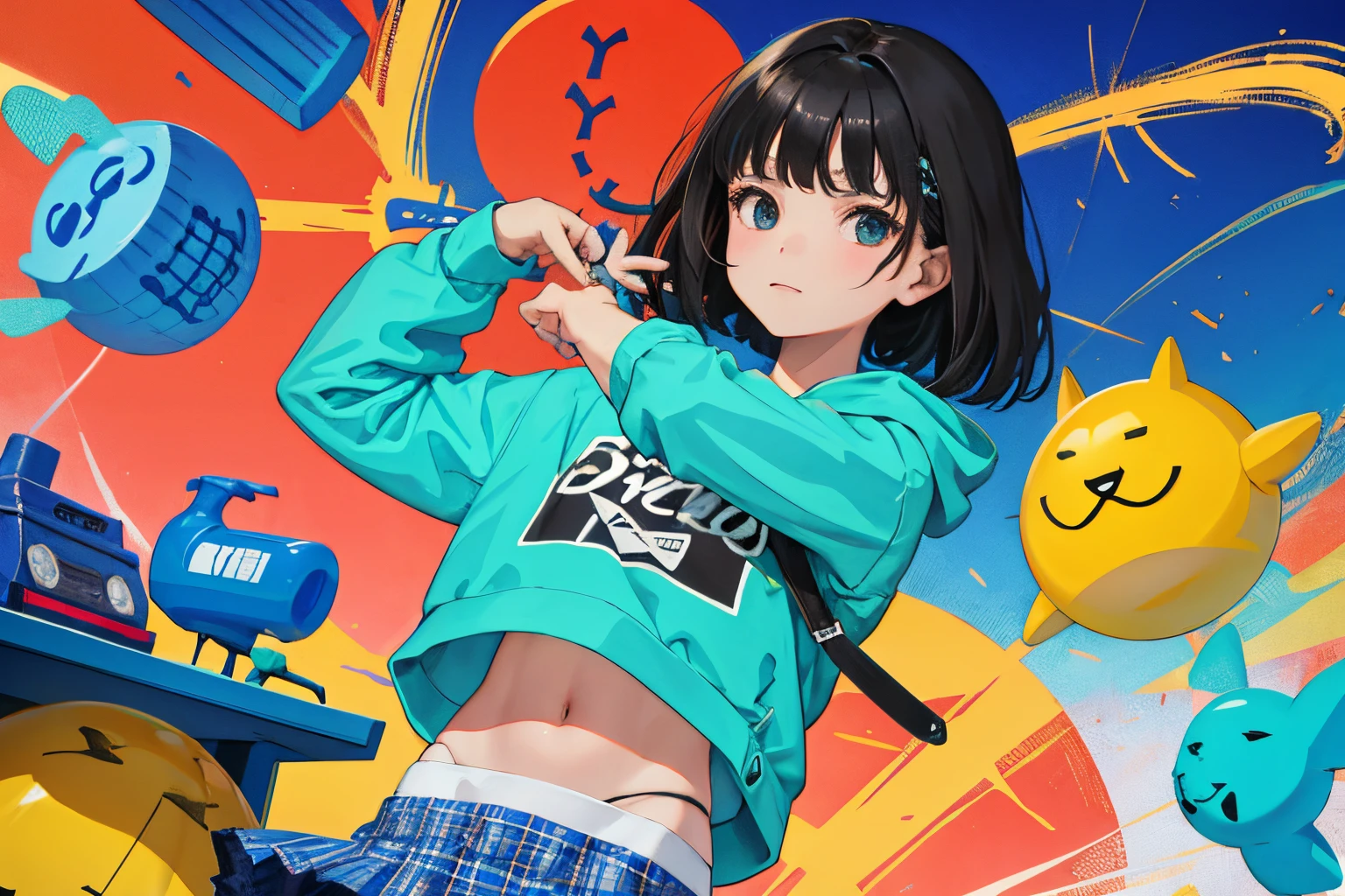 ，（​masterpiece，Highest Quality），turquoise short sleeve hoodie，Crop Top Look，Plaid mini skirt，A dark-haired，World of toys