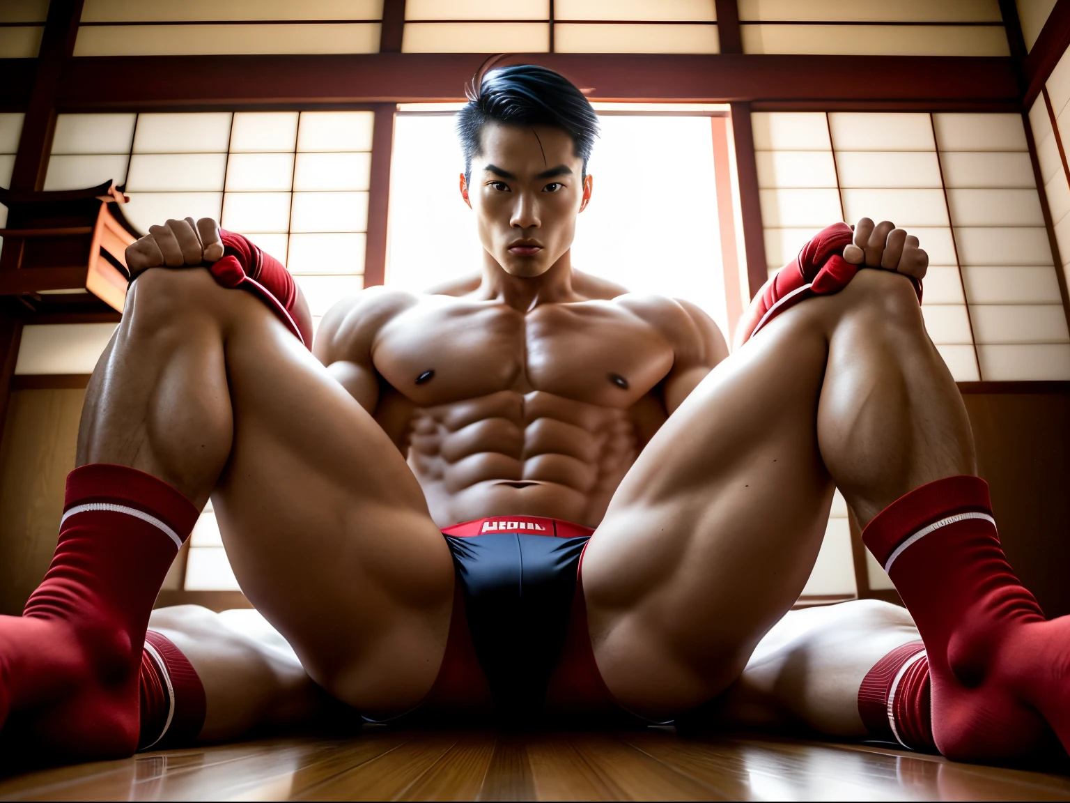 (male people),samurais,Strong build,(spread their legs),(Red sexy panties),In old Japanese houses,On tatami,large bulge,The crotch faces the camera,The camera is focused on the crotch,High fidelity,Sexy action,Hands touching the crotch,Sexy action,Wear socks,well-illuminated,Warm lighting