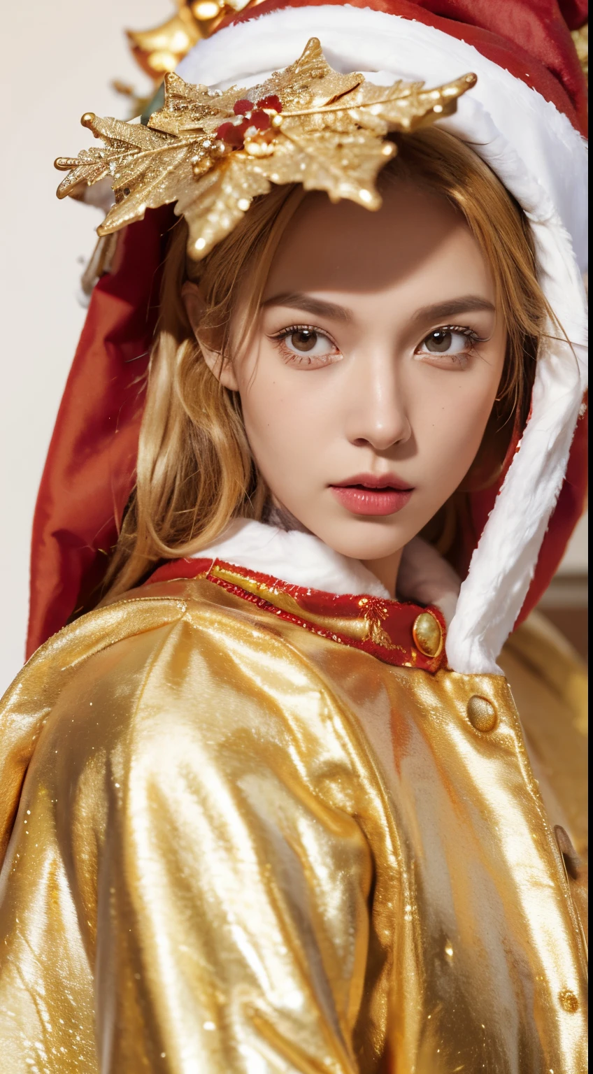 (Beautiful Finnish woman), ((gold and red santa claus costume: 1.2)), Christmas tree, surrealism, Super Detail, nffsw, masutepiece, acurate, Anatomically correct, Textured skin, super detailed, high detailing, of the highest quality, 8K, Photorealistic,