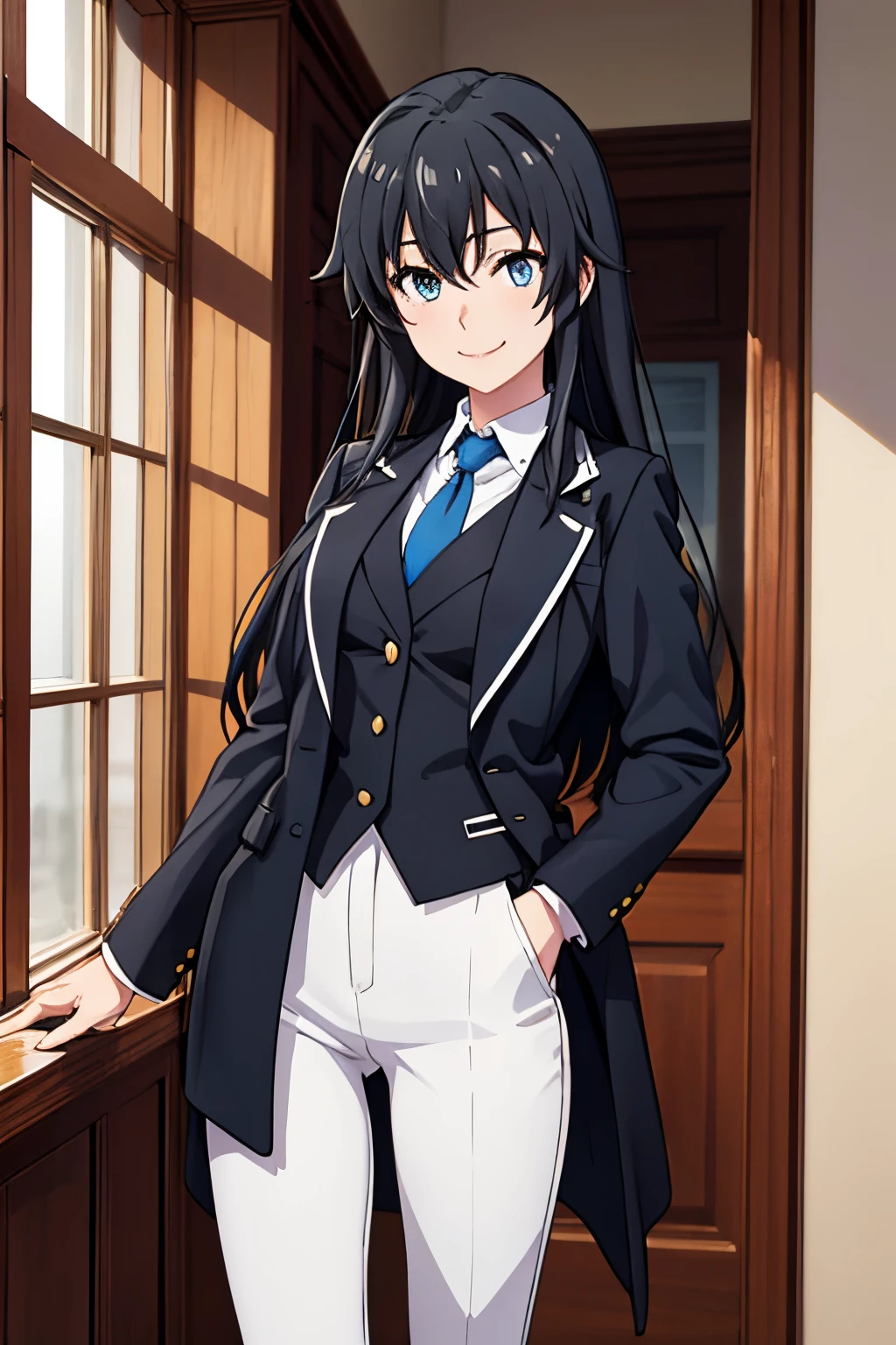 Yukinoshita yukino ,woman in formal attractive tailcoat standing in a large alcove in the room , 1girl, solo, blue necktie, black hair, blue eyes, long hair, smile , collared shirt, white pants, white shirt , black tailored tailcoat elegant , standing in front of a window ,tailcoat tailored to perfection crafted from the lustrous fabric
