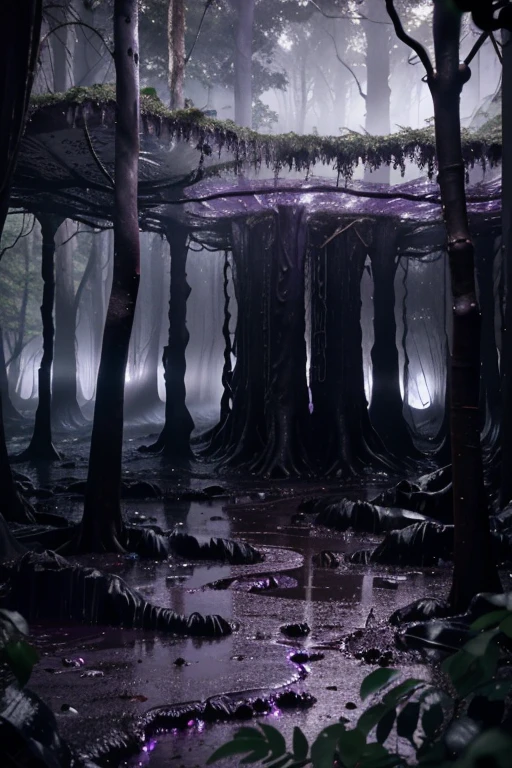 3D Dark purple dense jungle forest, dark purple-black clay on the ground, iodine, dark rocks, rain, night, depth, puddles of water, gooey alien tree, gooey alien plants, jagged floor, strange alien leaves, uneven terrain, Giants Causeway structures, dark night, dark purple vapour, night, nocturnal