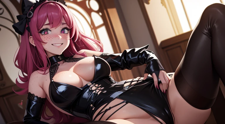 Goth girl flashing her vagina , freckles, blushing, smiling