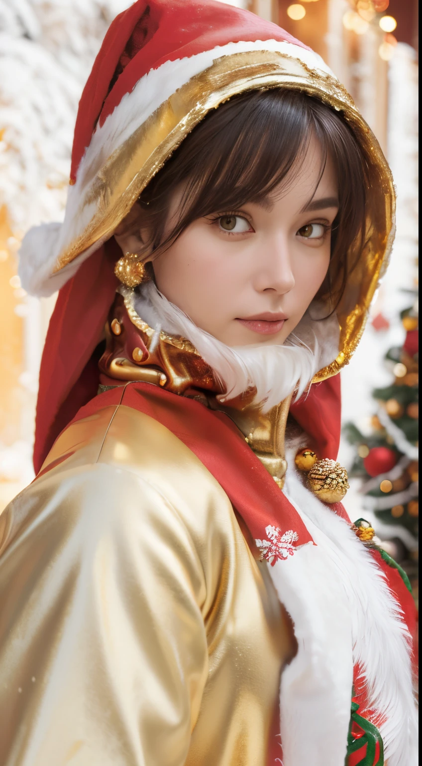 (Beautiful Finnish woman),  ((gold and red santa claus costume: 1.2)), Dark hair， Christmas tree,  surrealism,  Super Detail,  nffsw,  masutepiece,  acurate,  Anatomically correct,  Textured skin,  super detailed,  high detailing,  of the highest quality,  8K,  Photorealistic,