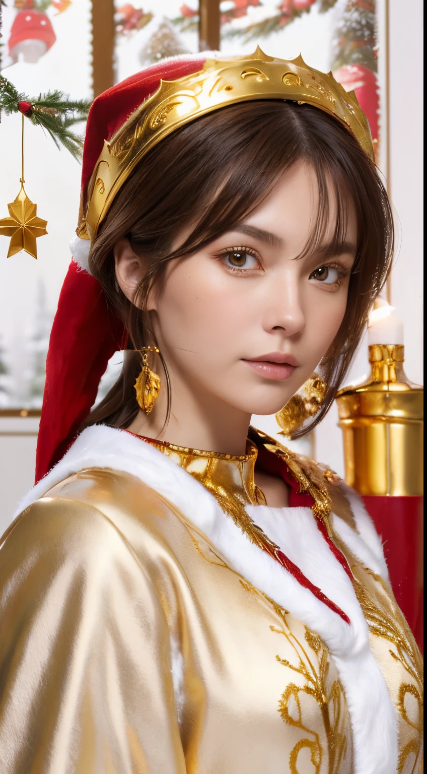 (Beautiful Finnish woman),  ((gold and red santa claus costume: 1.2)), Dark hair， Christmas tree,  surrealism,  Super Detail,  nffsw,  masutepiece,  acurate,  Anatomically correct,  Textured skin,  super detailed,  high detailing,  of the highest quality,  8K,  Photorealistic,