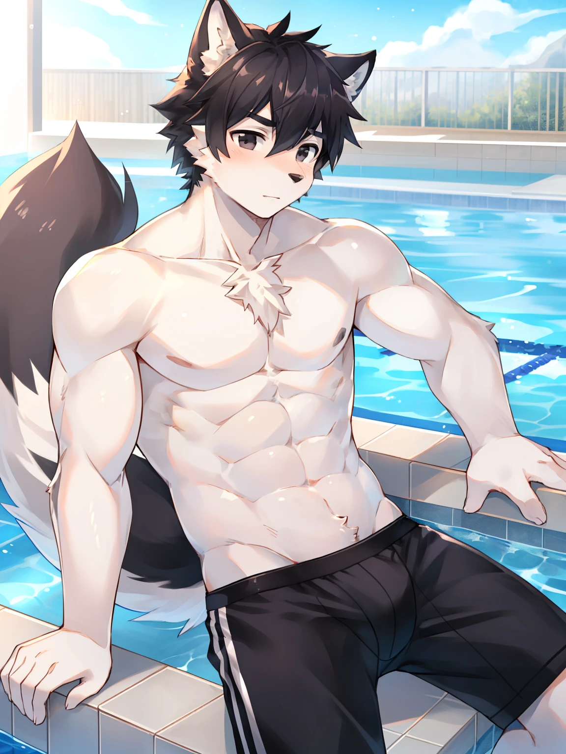 Swimming pool, (1boy), solo, male anthro, kemono, white fur, black hair, (white torso), muscle, hunk, sexy, handsome boy, detailed eyes, white eyebrow, black boxer, (masterpiece), soft skin, warm air, wolf ears, black eyes, black tail, 4K picture quality, beautiful CG.