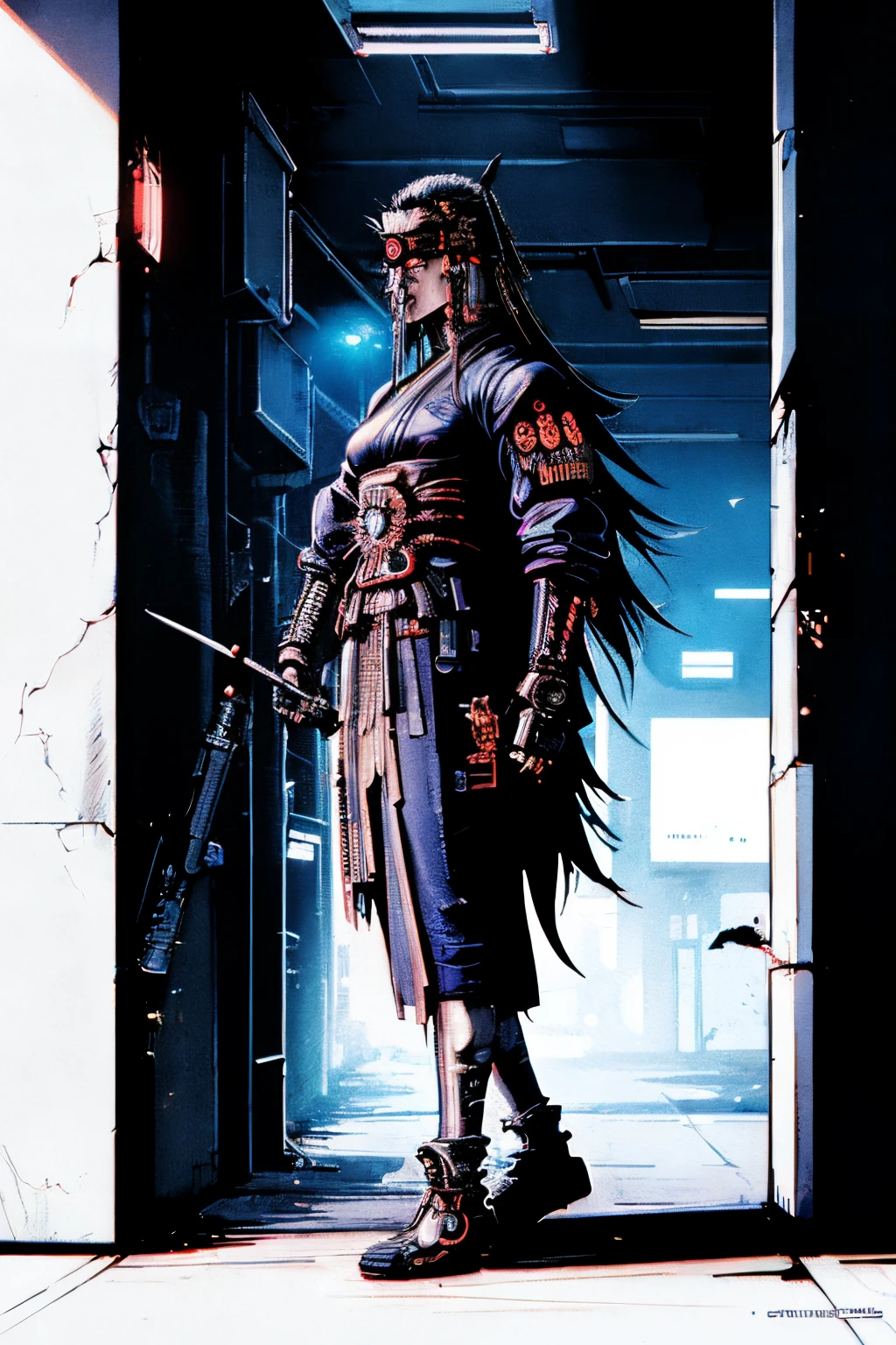 (cyberpunk futuristic samurai:1.4), smoking cigarette, leaning against the wall, anime, future tokyo