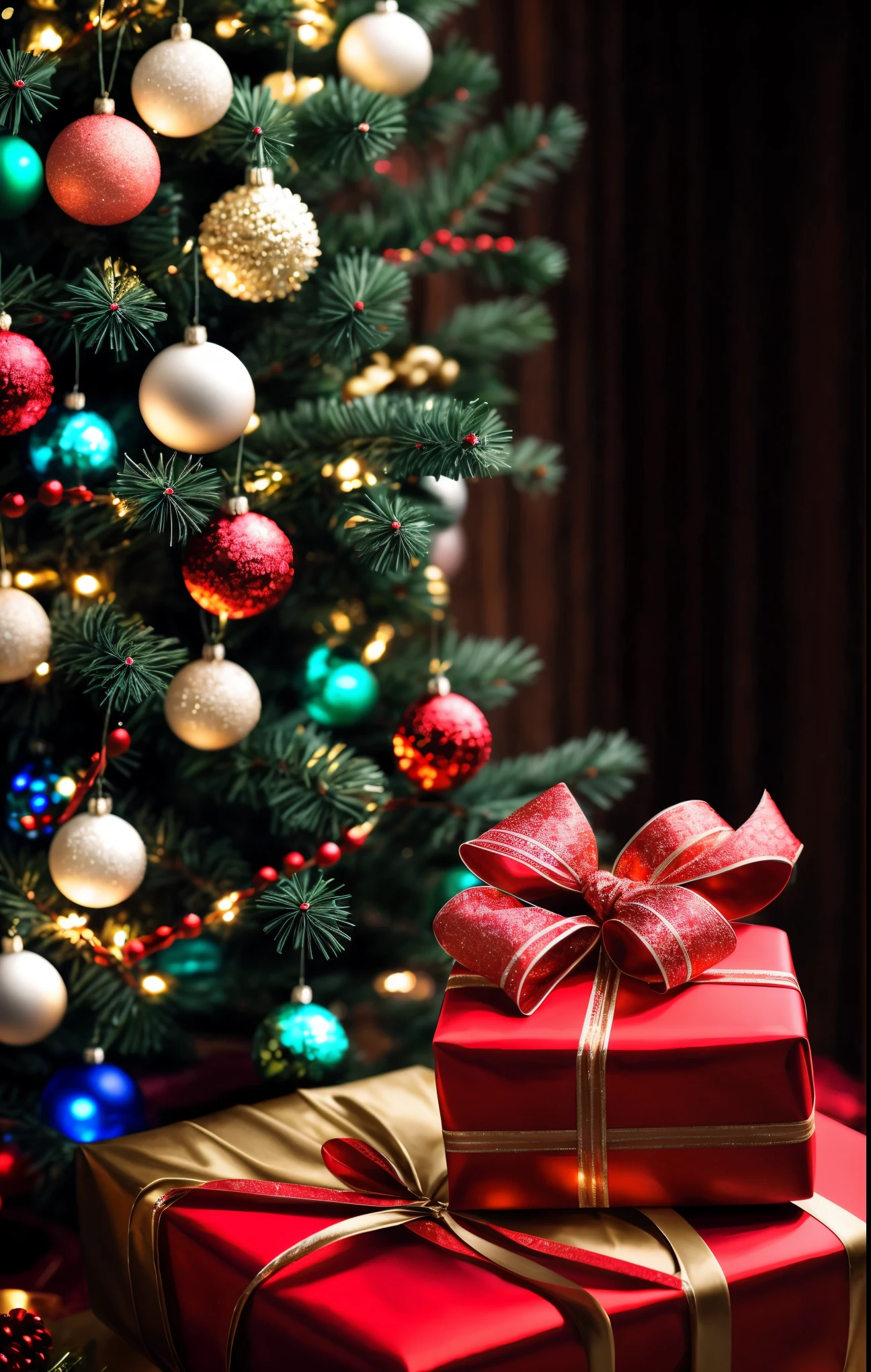(best quality,4k,8k,highres,masterpiece:1.2),ultra-detailed,realistic,gifts,table,Christmas tree,decorations,wrapping ,bows,ribbon,presents,holiday spirit,vibrant colors,warm lighting,cozy atmosphere,toys,cards,candles,snowflakes,joyful,celebration,exquisite details,exciting surprises,shiny ornaments,sparkling tinsel,beautifully wrapped,excited children,anticipation,festive mood,magical ambiance,delightful moment,wonderful memories,family gathering,cheerful faces,Christmas magic,extravagant,abundance of presents,HDR,UHD,studio lighting,ultra-fine painting,sharp focus,physically-based rendering,professional,vivid colors,bokeh.
