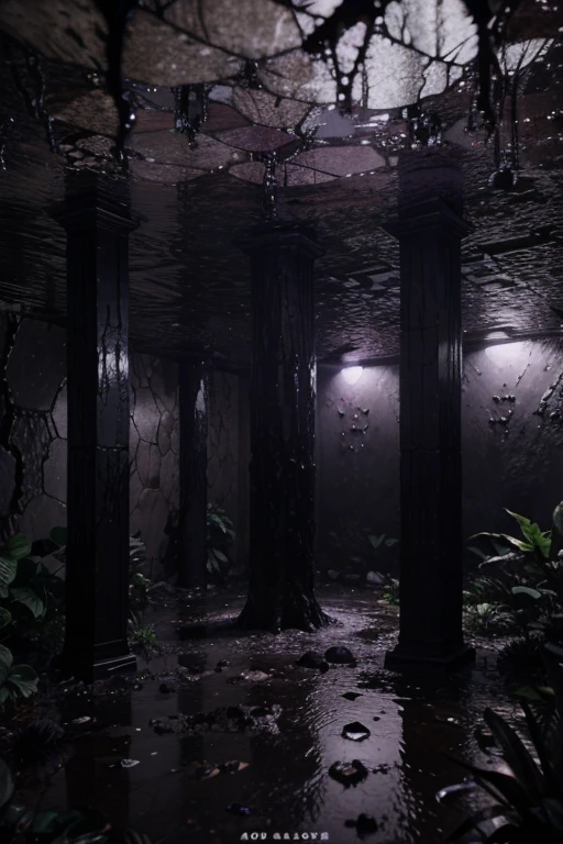 3D Dark purple dense jungle dense forest, dark purple-black clay on the ground, iodine, dark rocks, rain, night, depth, puddles of water, gooey alien tree, gooey alien plants, jagged floor, strange alien leaves, uneven terrain, big hexagon black stone between trees, hexagon structures, dark night, dark purple vapour, night, nocturnal