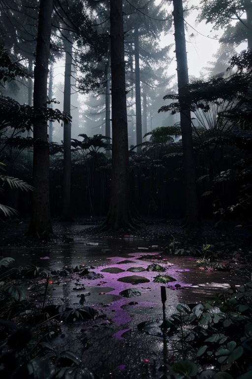 3D Dark purple dense jungle dense forest, dark purple-black clay on the ground, iodine, dark rocks, rain, night, depth, puddles of water, gooey alien tree, gooey alien plants, jagged floor, strange alien leaves, uneven terrain, big hexagon black stone between trees, hexagon structures, dark night, dark purple vapour, night, nocturnal
