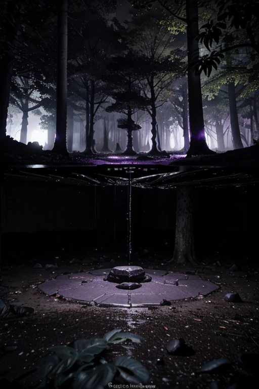 3D Dark purple dense jungle dense forest, dark purple-black clay on the ground, iodine, dark rocks, rain, night, depth, puddles of water, gooey alien tree, gooey alien plants, jagged floor, strange alien leaves, uneven terrain, big hexagon black stone between trees, hexagon structures, dark night, dark purple vapour, night, nocturnal