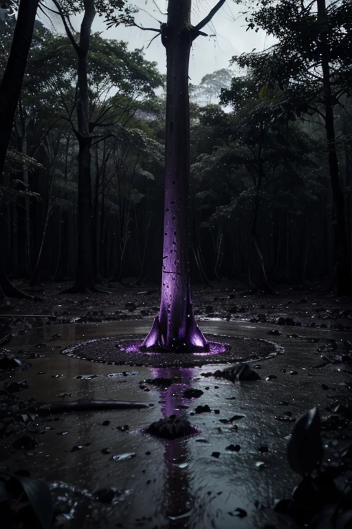 3D Dark purple dense jungle dense forest, dark purple-black clay on the ground, iodine, dark rocks, rain, night, depth, puddles of water, gooey alien tree, gooey alien plants, jagged floor, strange alien leaves, uneven terrain, big hexagon black stone between trees, hexagon structures, dark night, dark purple vapour, night, nocturnal