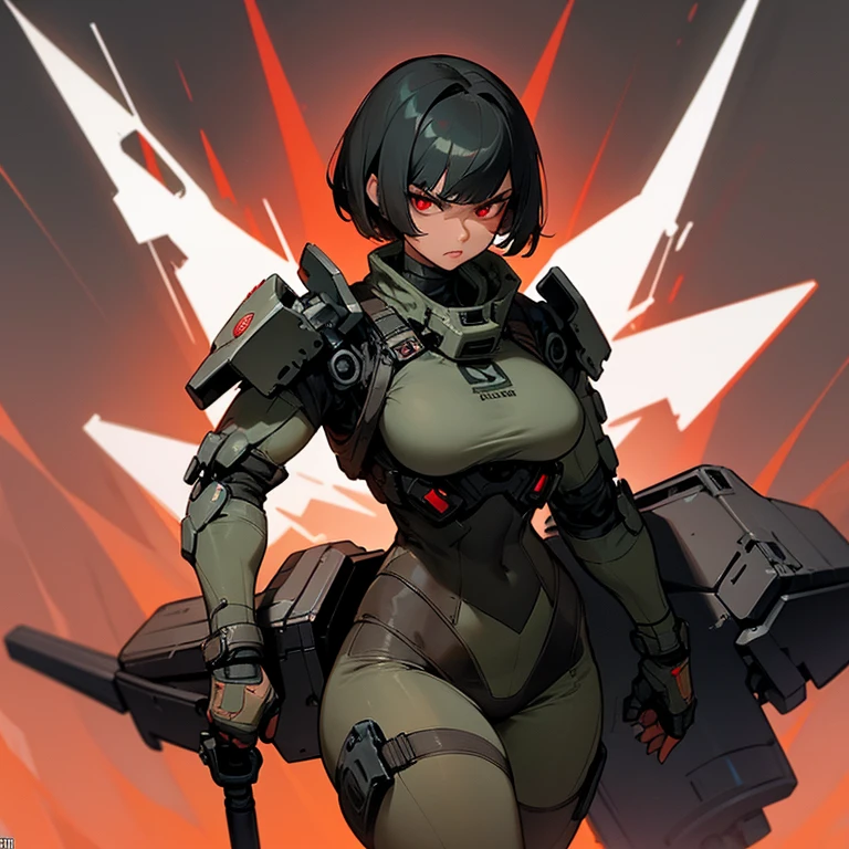 Create a call of duty character of a curvy light brown skin women that looks mean, has short black hair and bangs, and has glowing red eyes. She looks mature.