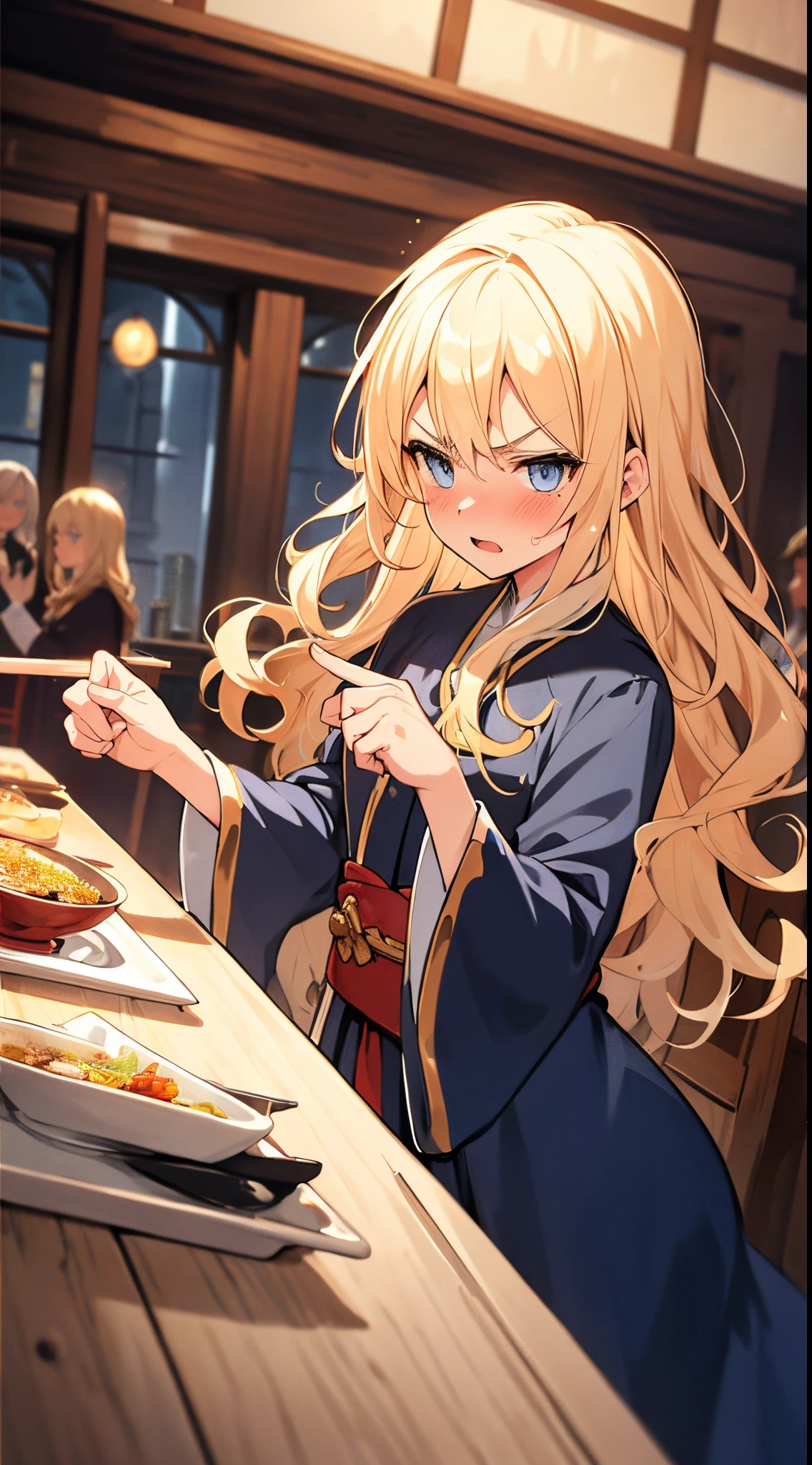 lady, blonde hair, blue eyes, wavy hair, slim body, dynamic angle, priest robes,, tavern, masterpiece, drunk, angry, pointing fingers, blushing, ultra-detailed, best quality
